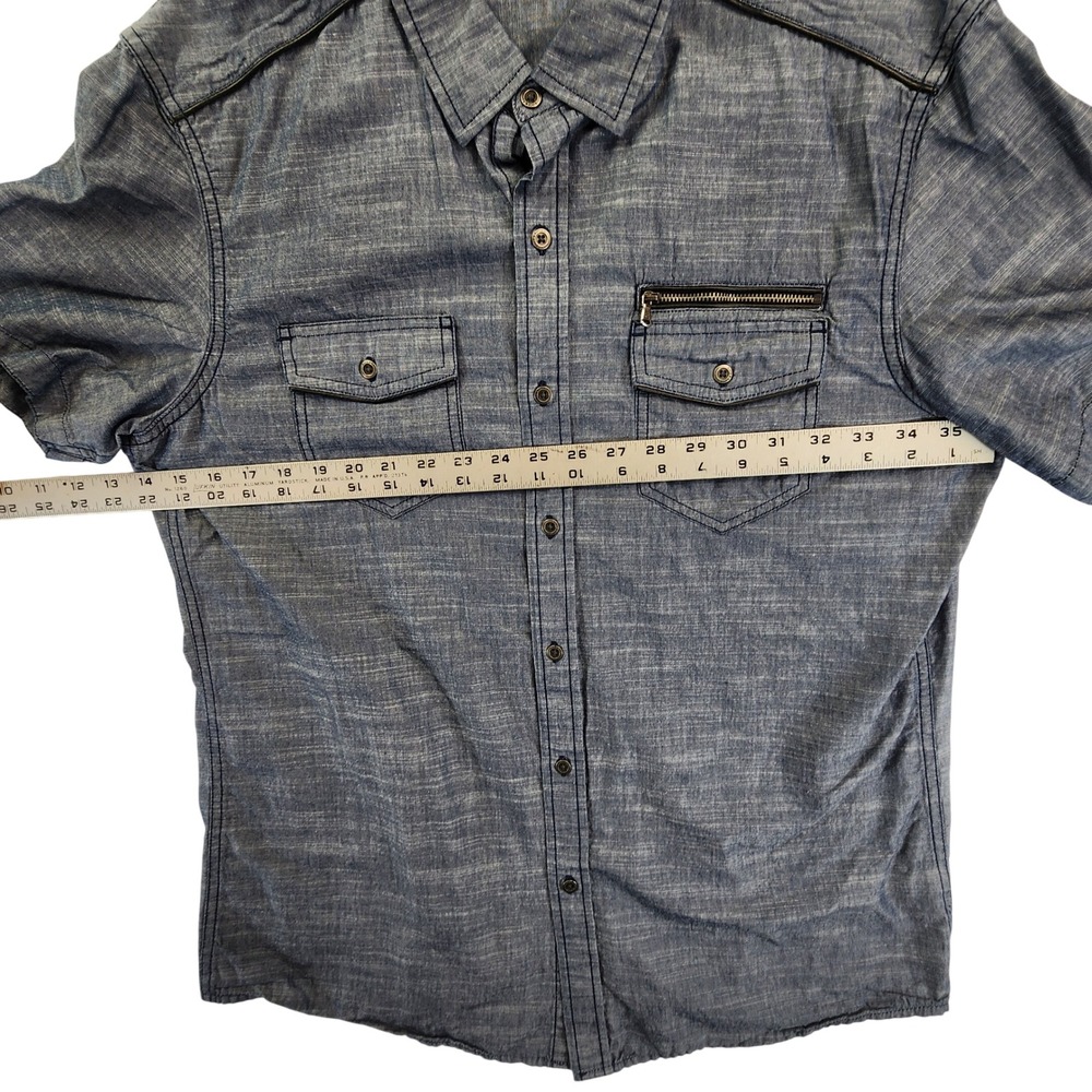 Rock & Republic‎ Mens Large Blue Button Down Short Sleeve Rocker Moto Shirt READ